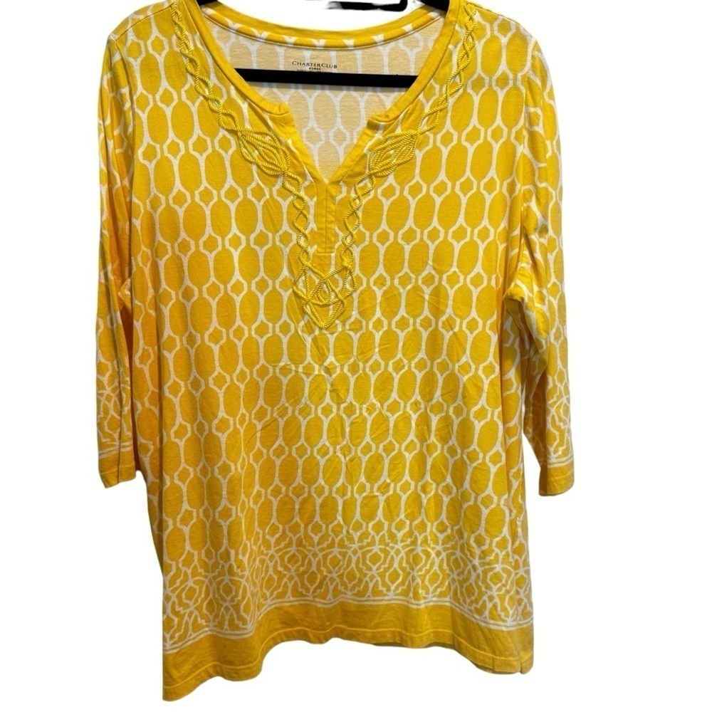 Charter Club Yellow White V neck 3/4 sleeve tunic plus 2X